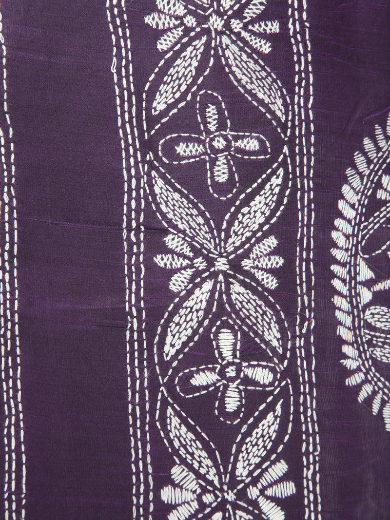 Pinkloom Violet Handloom Silk Embroidered Katha Stitch Work Saree