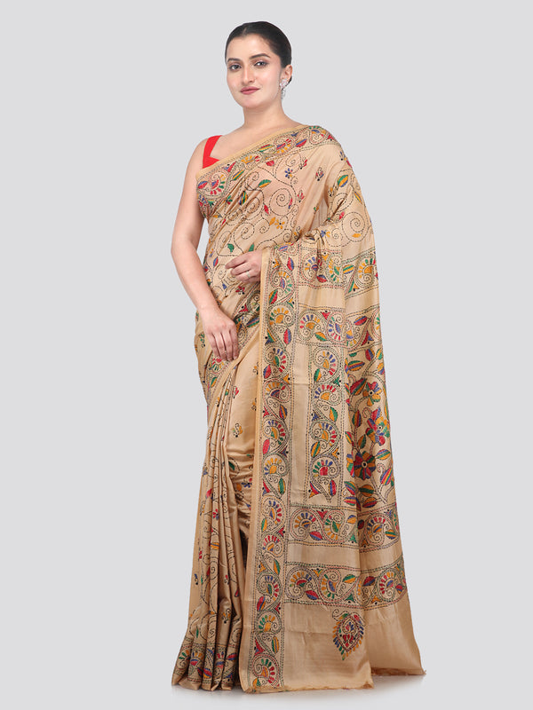 Pinkloom Beige Handloom Silk Embroidered Katha Stitch Work Saree