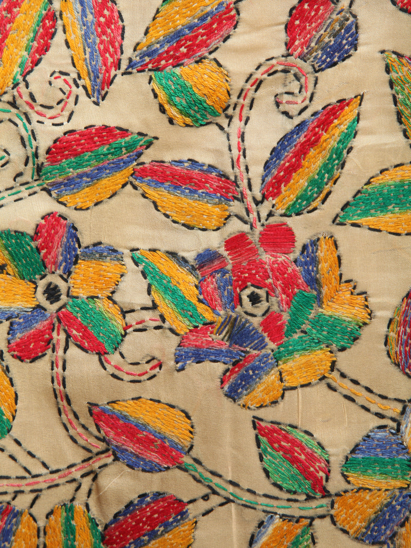 Pinkloom Beige Handloom Silk Embroidered Katha Stitch Work Saree