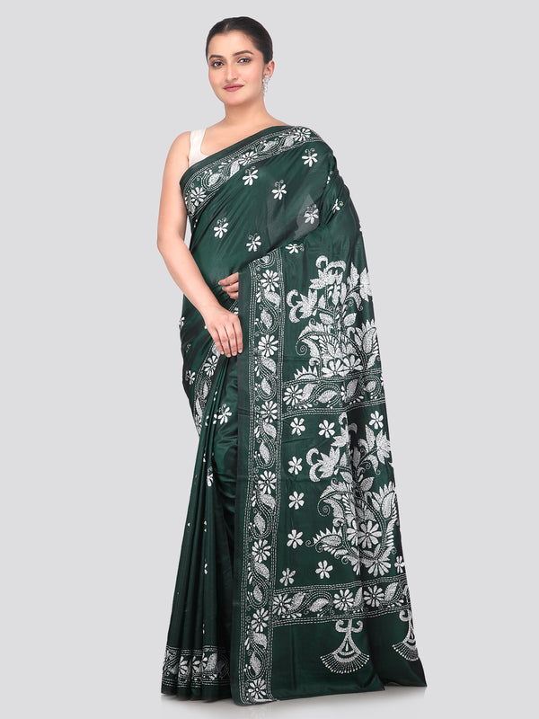 Pinkloom Green Handloom Silk Embroidered Katha Stitch Work Saree