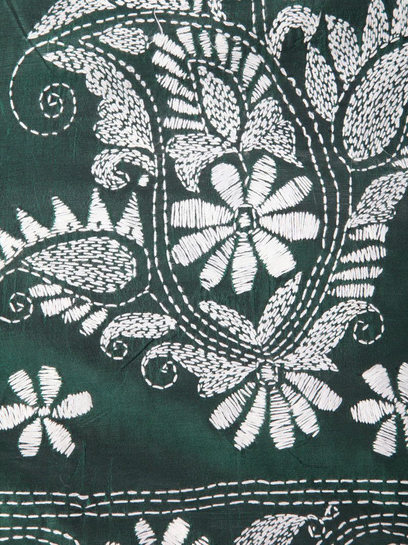 Pinkloom Green Handloom Silk Embroidered Katha Stitch Work Saree