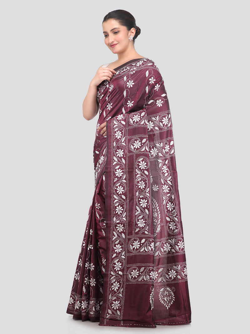 Pinkloom Wine Handloom Silk Embroidered Katha Stitch Work Saree