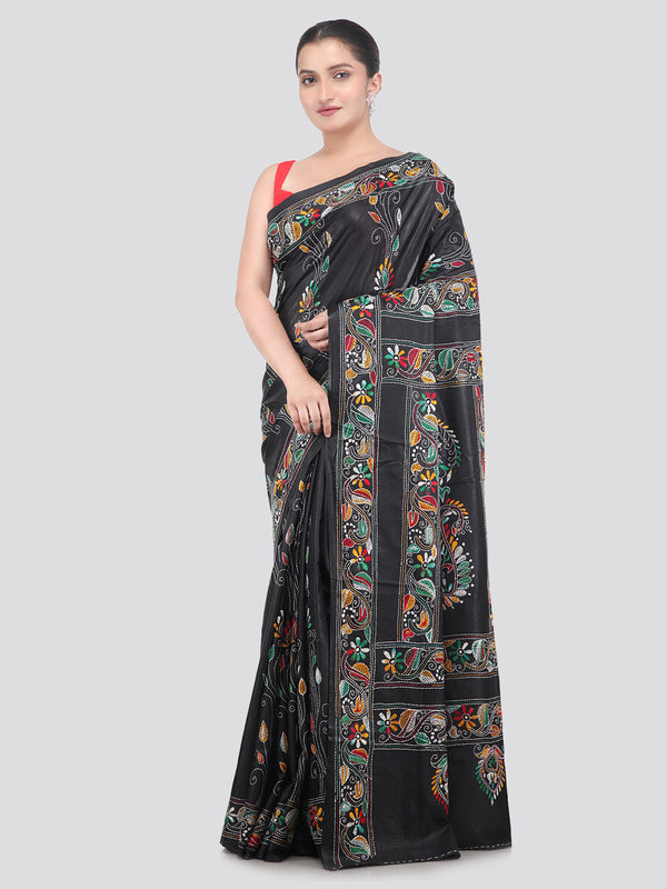 Pinkloom Green Handloom Silk Embroidered Katha Stitch Work Saree