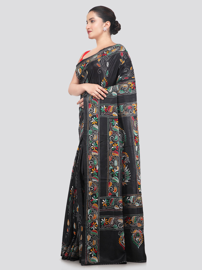 Pinkloom Green Handloom Silk Embroidered Katha Stitch Work Saree