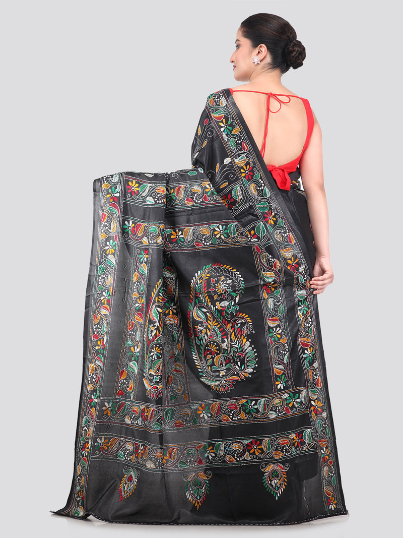 Pinkloom Green Handloom Silk Embroidered Katha Stitch Work Saree