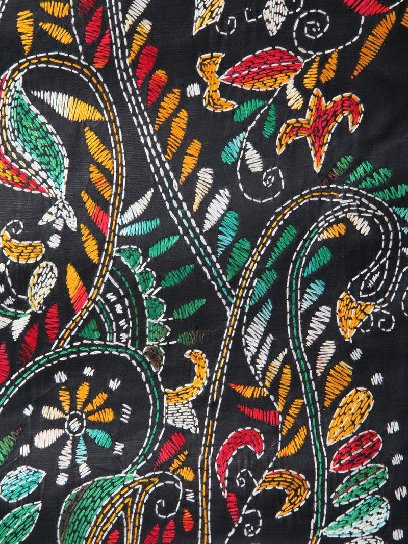 Pinkloom Green Handloom Silk Embroidered Katha Stitch Work Saree