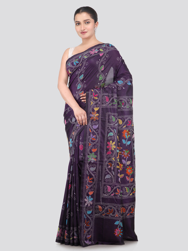 Pinkloom Blue Handloom Silk Embroidered Katha Stitch Work Saree