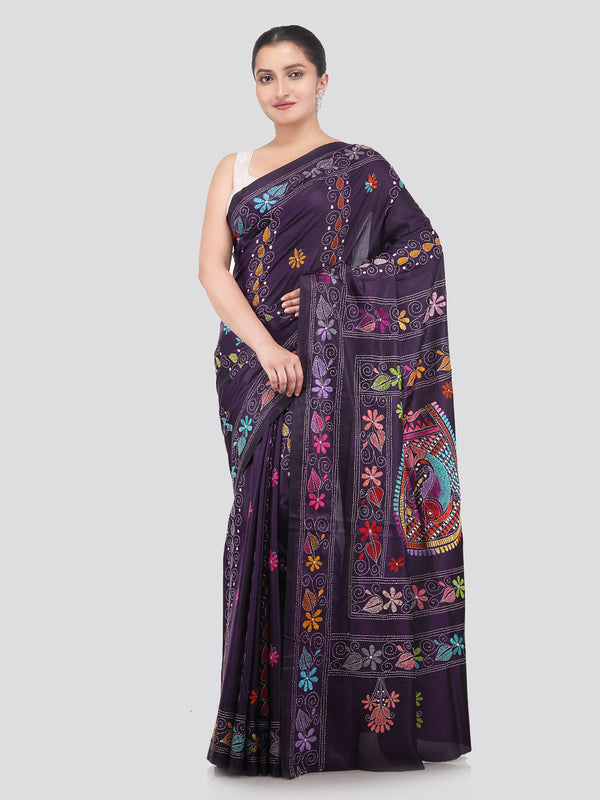 Pinkloom Blue Handloom Silk Embroidered Katha Stitch Work Saree