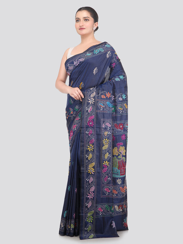 Pinkloom Blue Handloom Silk Embroidered Katha Stitch Work Saree