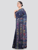 Pinkloom Blue Handloom Silk Embroidered Katha Stitch Work Saree