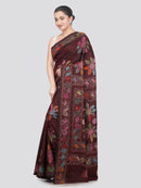 Pinkloom Wine Handloom Silk Embroidered Katha Stitch Work Saree