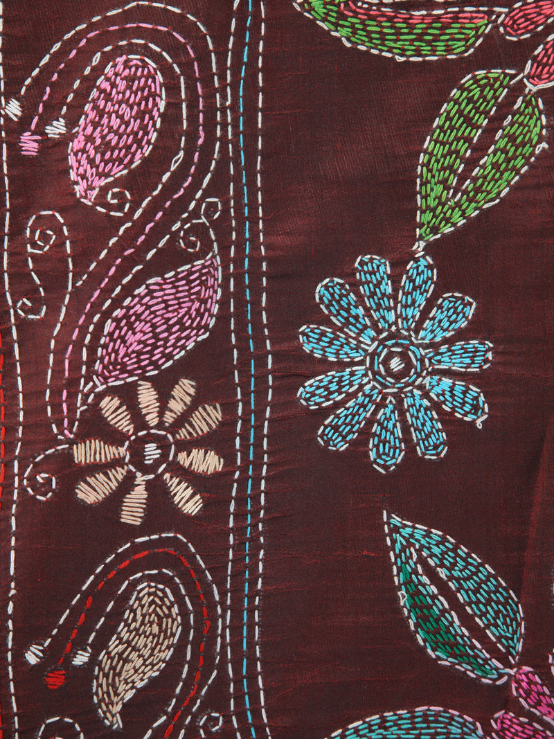 Pinkloom Wine Handloom Silk Embroidered Katha Stitch Work Saree