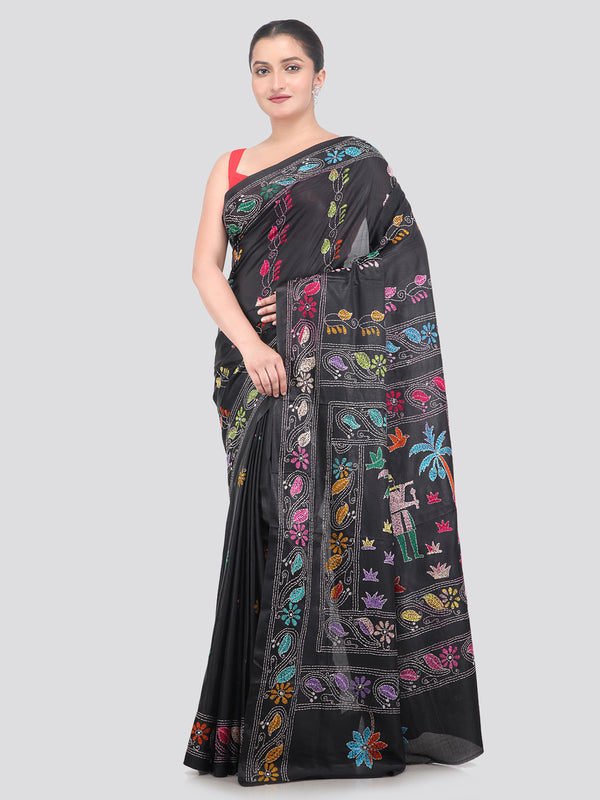 Pinkloom Green Handloom Silk Embroidered Katha Stitch Work Saree
