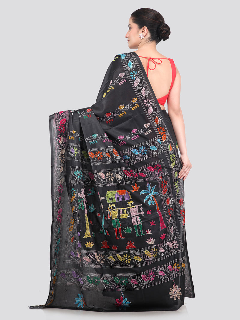 Pinkloom Green Handloom Silk Embroidered Katha Stitch Work Saree