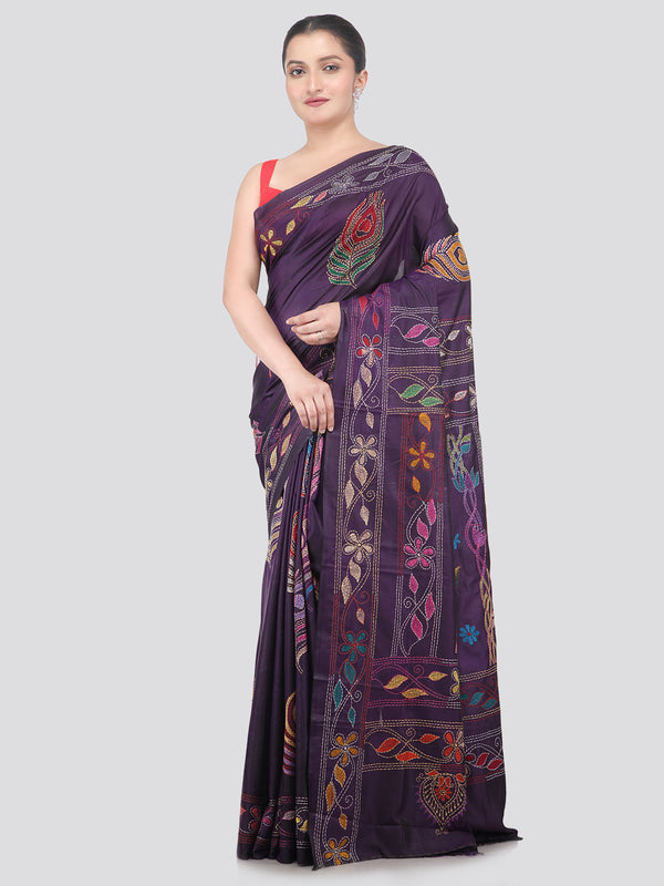 Pinkloom Blue Handloom Silk Embroidered Katha Stitch Work Saree