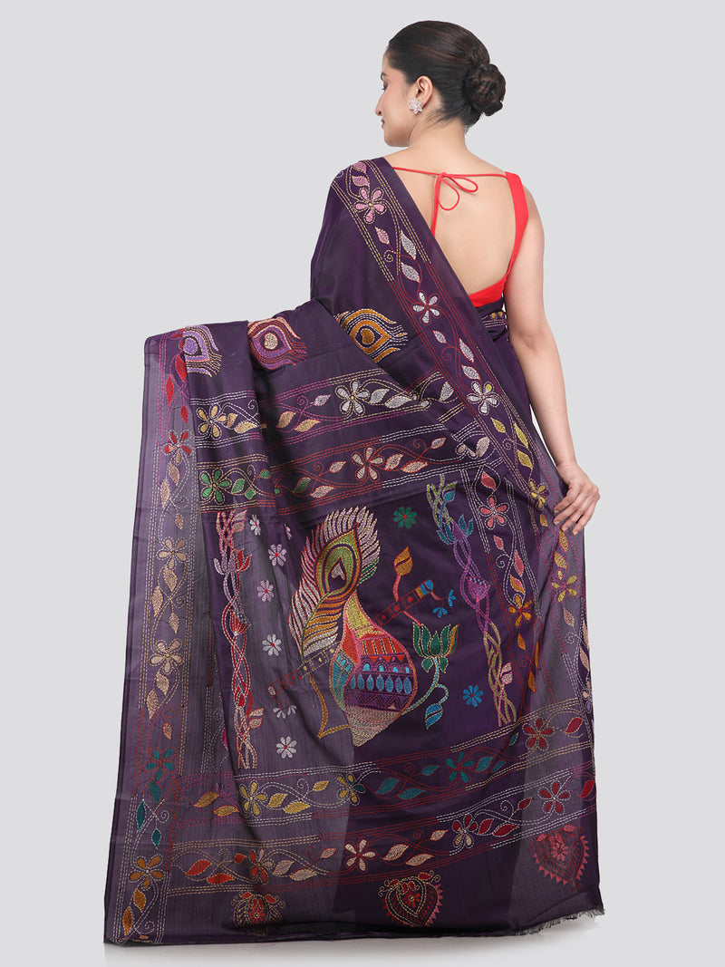 Pinkloom Blue Handloom Silk Embroidered Katha Stitch Work Saree