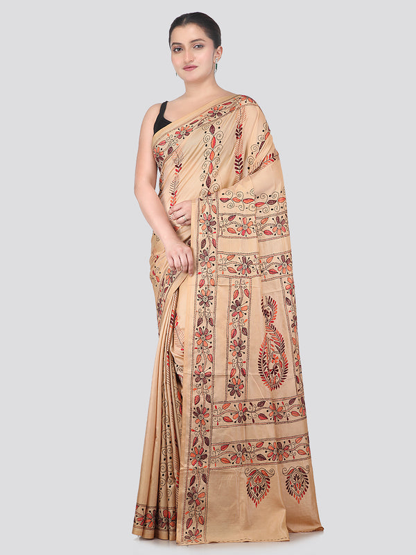 Pinkloom Beige Handloom Silk Embroidered Katha Stitch Work Saree