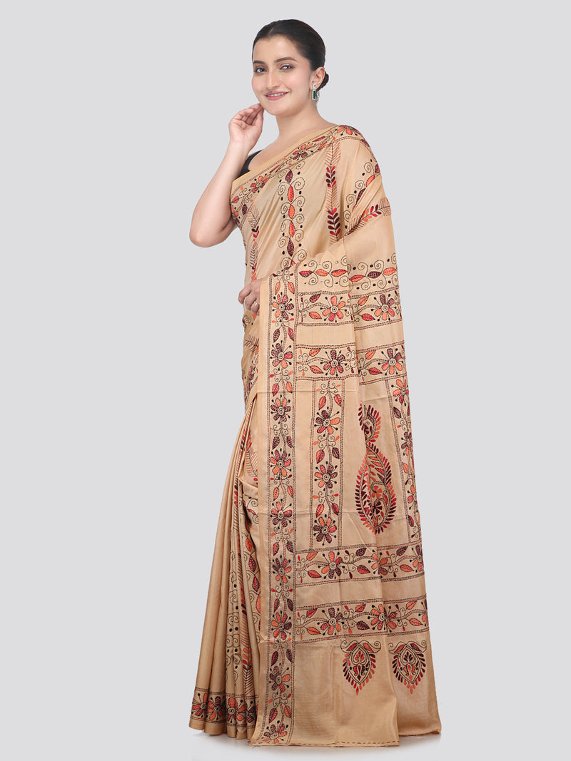 Pinkloom Beige Handloom Silk Embroidered Katha Stitch Work Saree