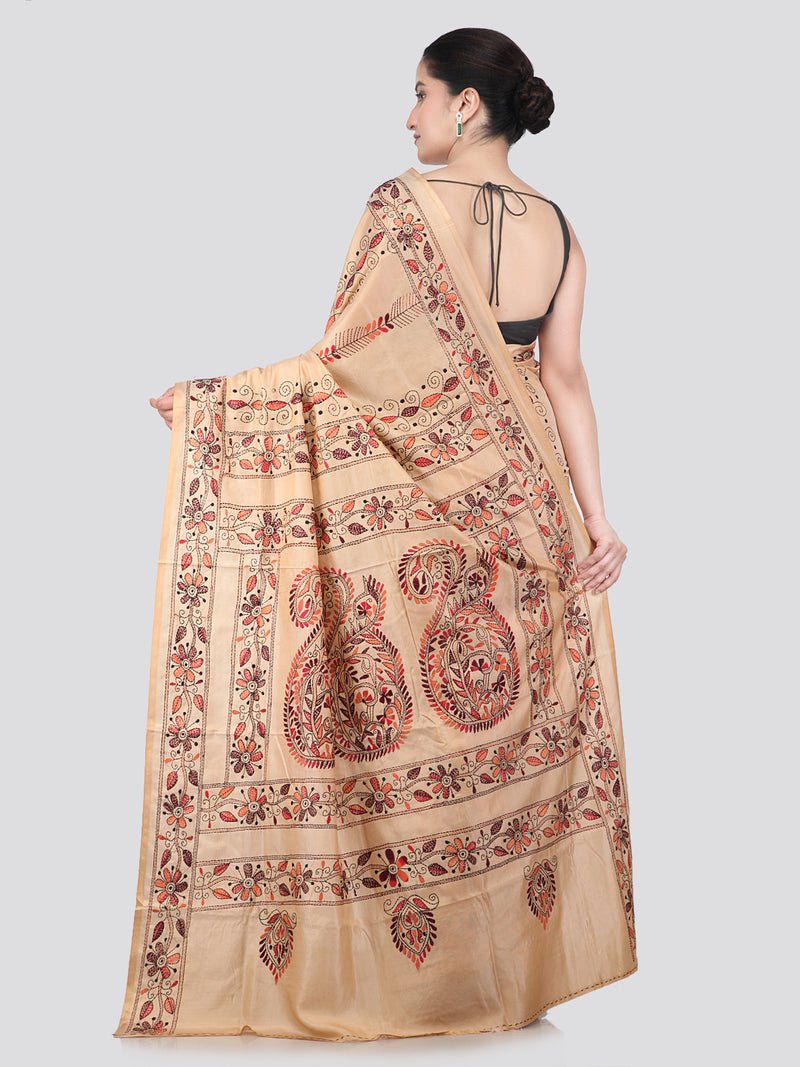 Pinkloom Beige Handloom Silk Embroidered Katha Stitch Work Saree