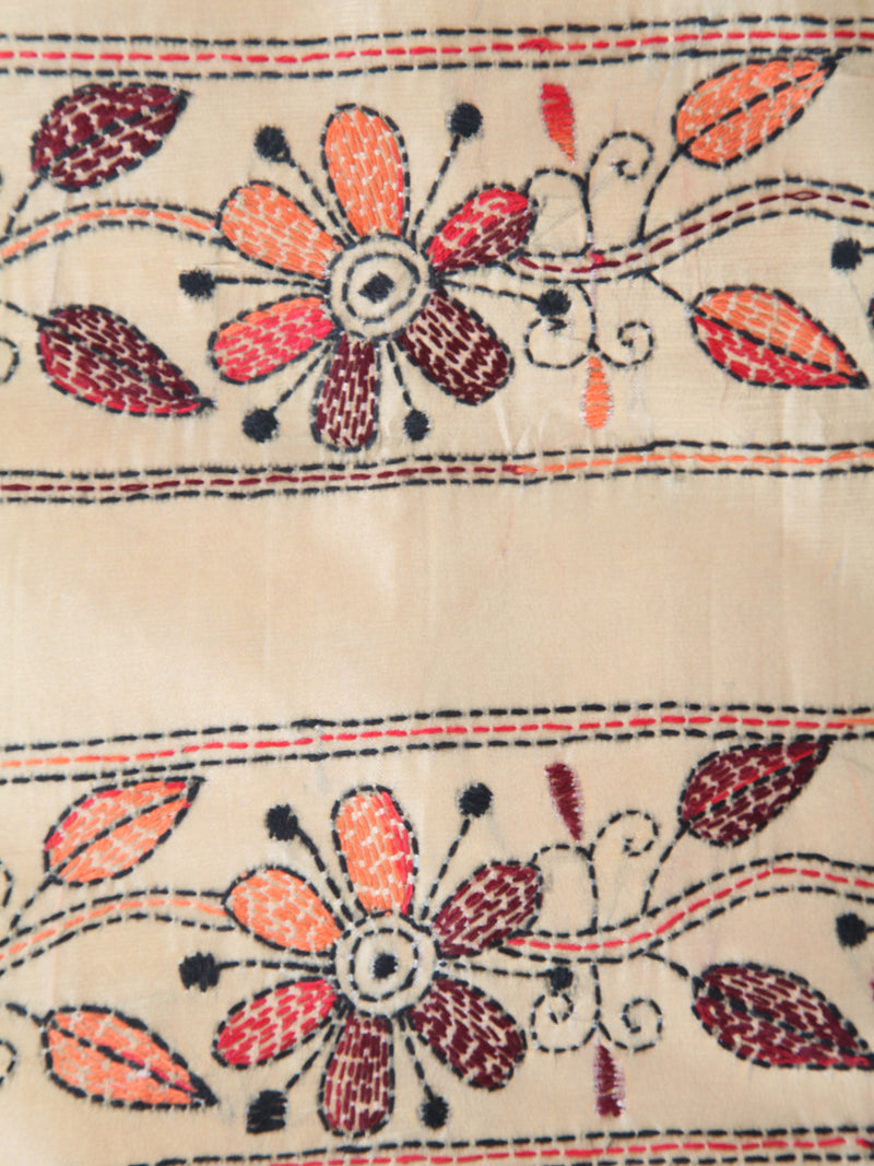 Pinkloom Beige Handloom Silk Embroidered Katha Stitch Work Saree