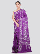 Pinkloom Violet Handloom Silk Embroidered Katha Stitch Work Saree