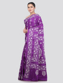 Pinkloom Violet Handloom Silk Embroidered Katha Stitch Work Saree