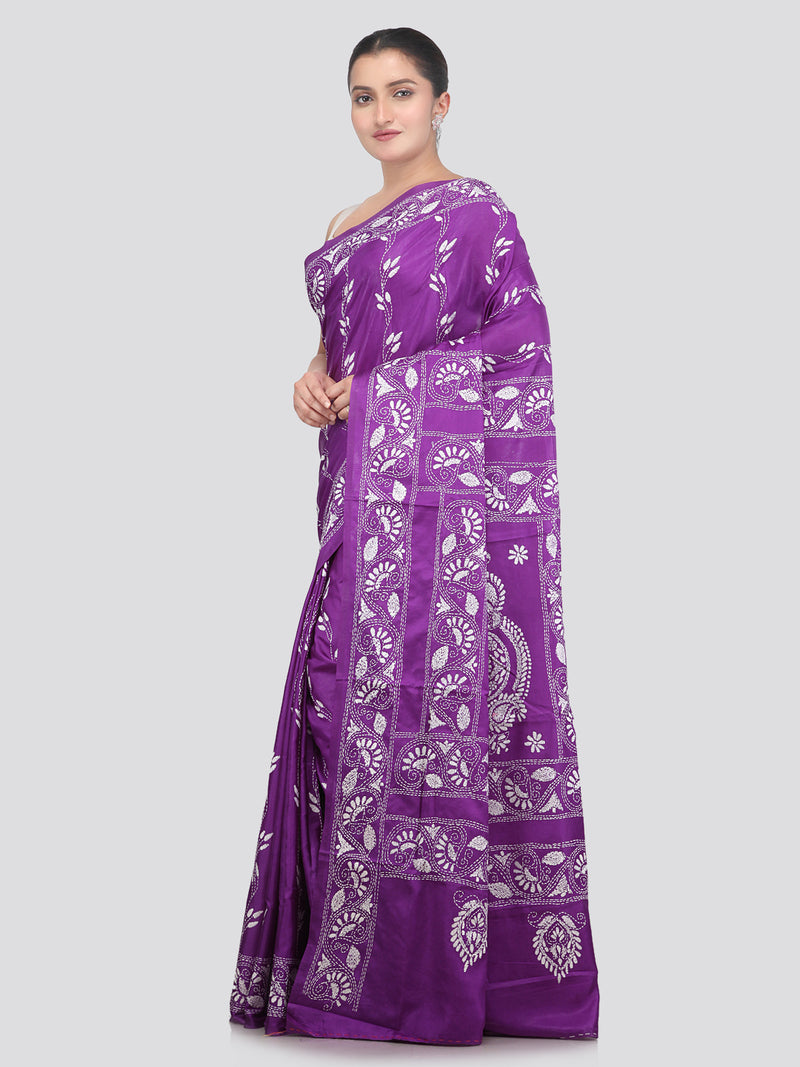 Pinkloom Violet Handloom Silk Embroidered Katha Stitch Work Saree