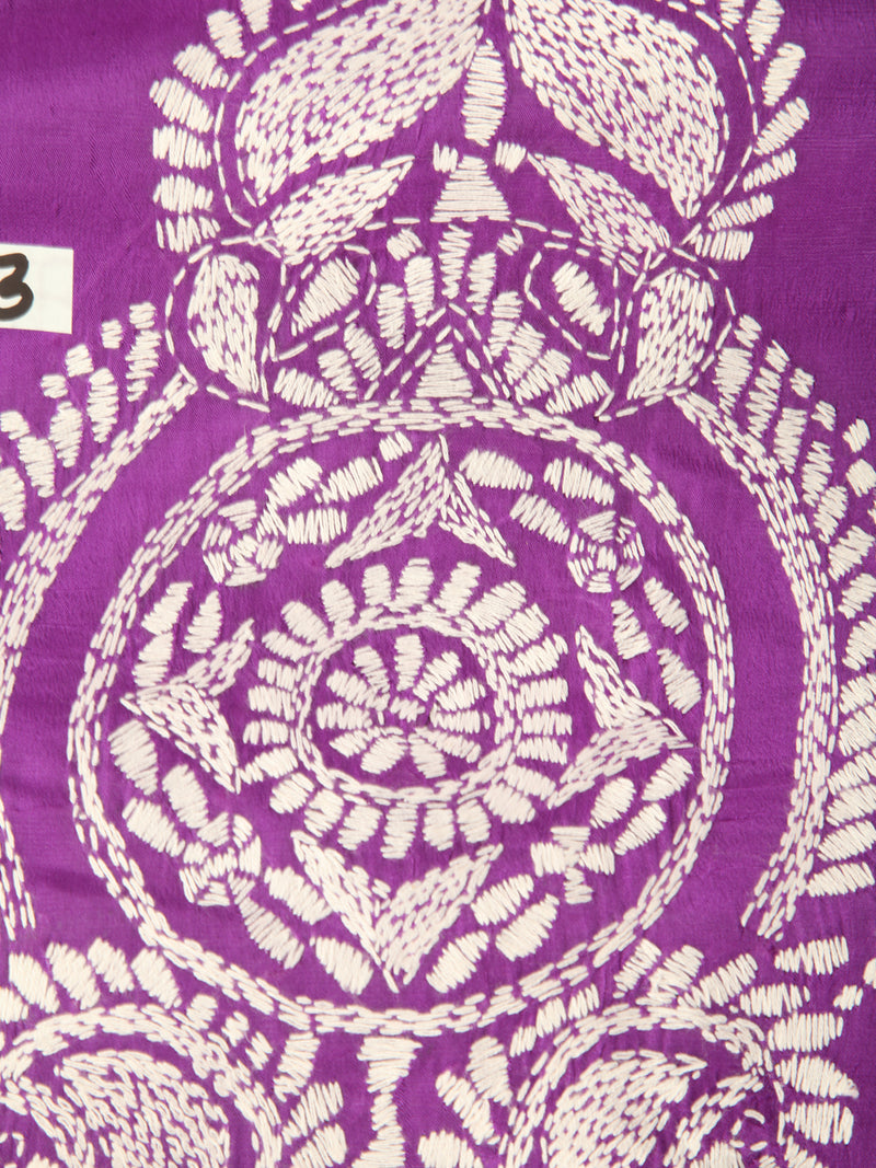 Pinkloom Violet Handloom Silk Embroidered Katha Stitch Work Saree