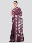 Pinkloom Wine Handloom Silk Embroidered Katha Stitch Work Saree
