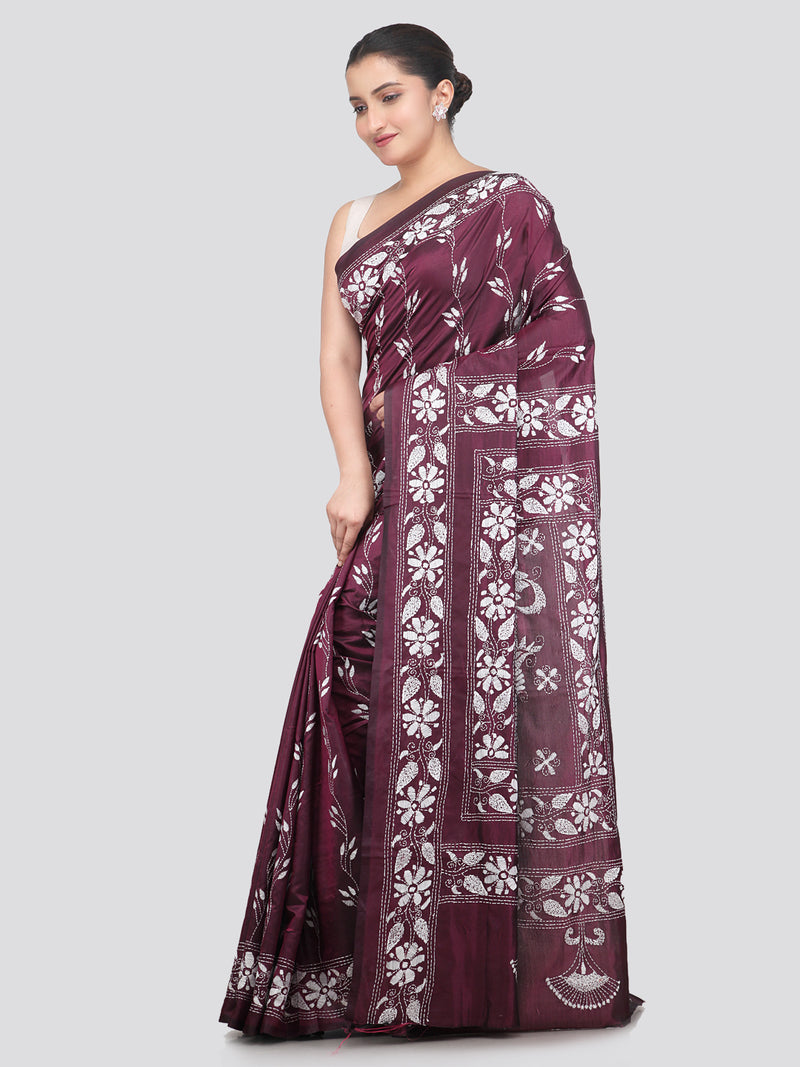 Pinkloom Wine Handloom Silk Embroidered Katha Stitch Work Saree
