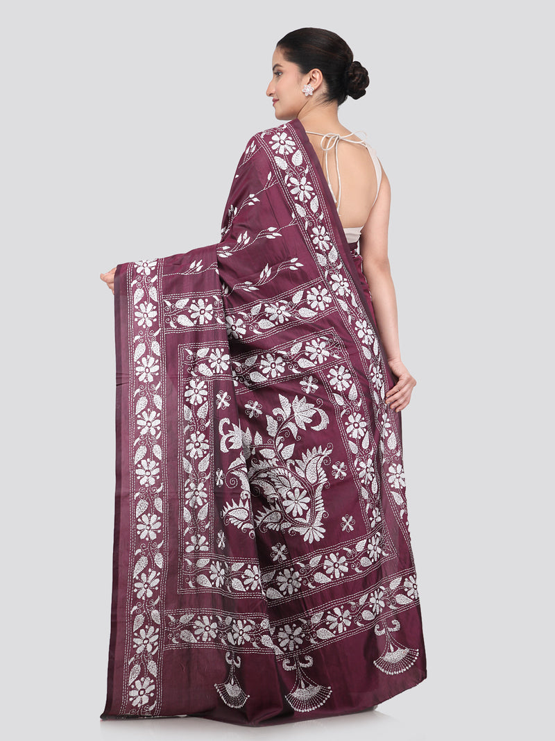 Pinkloom Wine Handloom Silk Embroidered Katha Stitch Work Saree