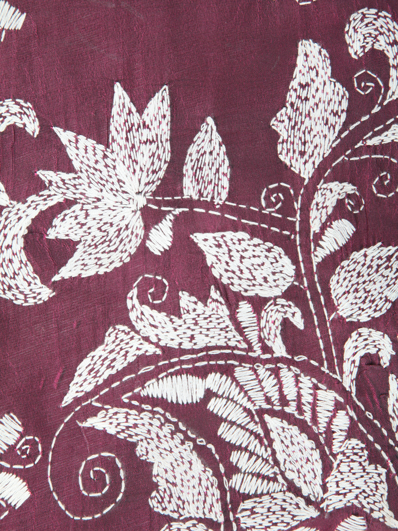 Pinkloom Wine Handloom Silk Embroidered Katha Stitch Work Saree