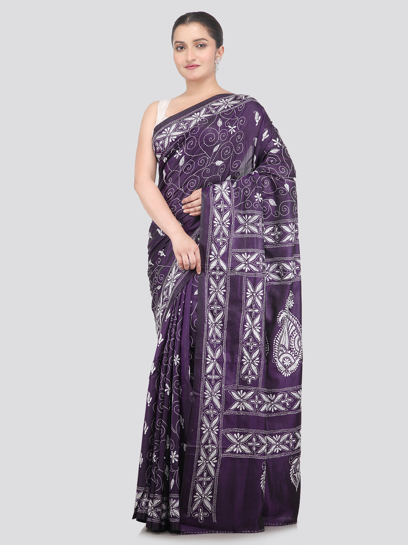 Pinkloom Purple Handloom Silk Embroidered Katha Stitch Work Saree