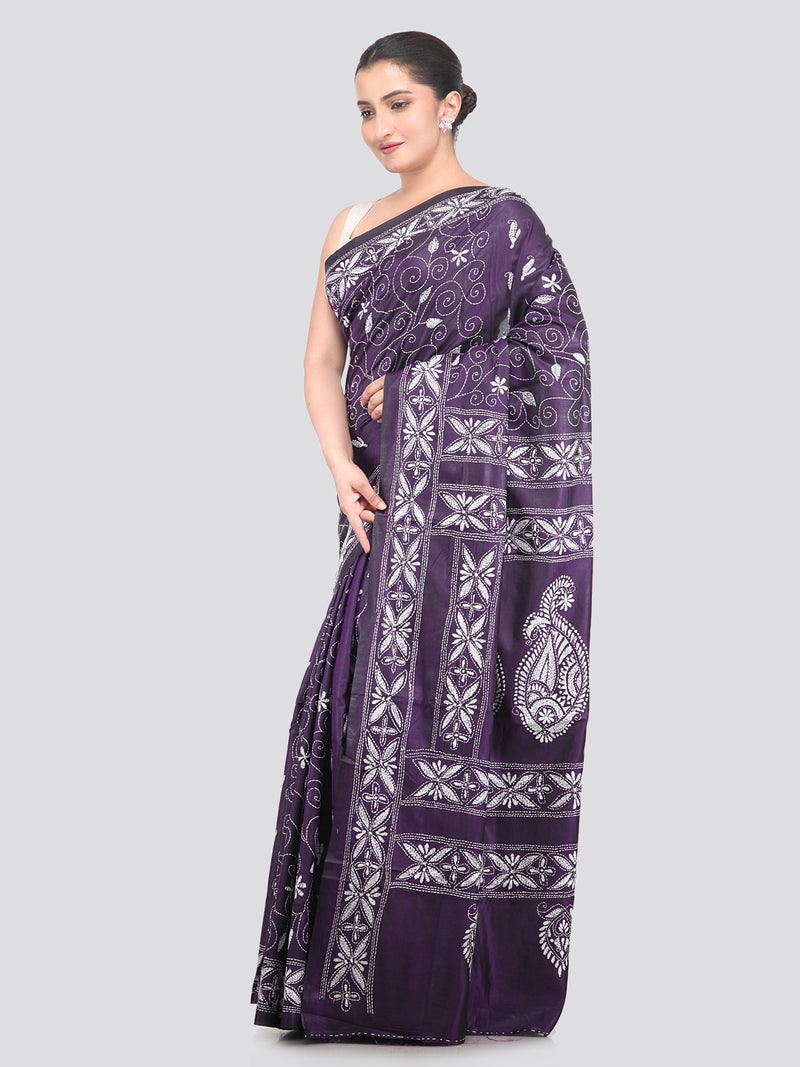 Pinkloom Purple Handloom Silk Embroidered Katha Stitch Work Saree