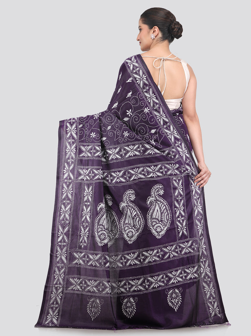 Pinkloom Purple Handloom Silk Embroidered Katha Stitch Work Saree