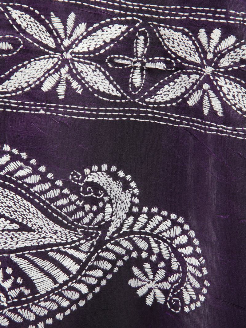 Pinkloom Purple Handloom Silk Embroidered Katha Stitch Work Saree