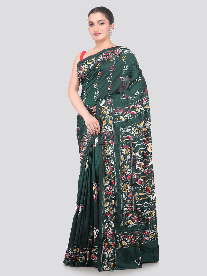 Pinkloom Green Handloom Silk Embroidered Katha Stitch Work Saree