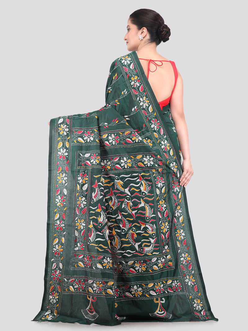 Pinkloom Green Handloom Silk Embroidered Katha Stitch Work Saree