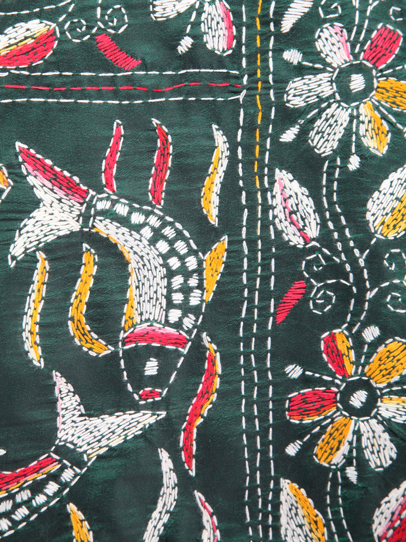 Pinkloom Green Handloom Silk Embroidered Katha Stitch Work Saree