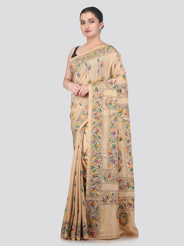 Pinkloom Beige Handloom Silk Embroidered Katha Stitch Work Saree