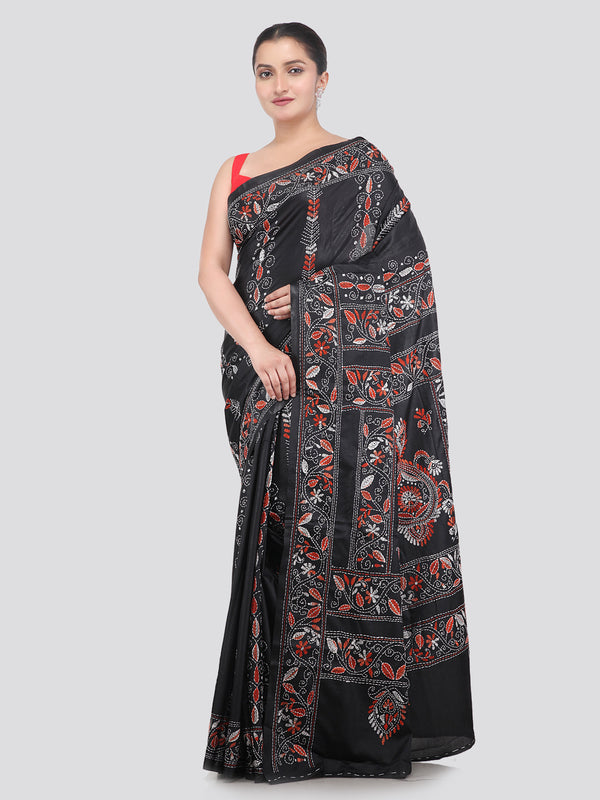 Pinkloom Black Handloom Silk Embroidered Katha Stitch Work Saree