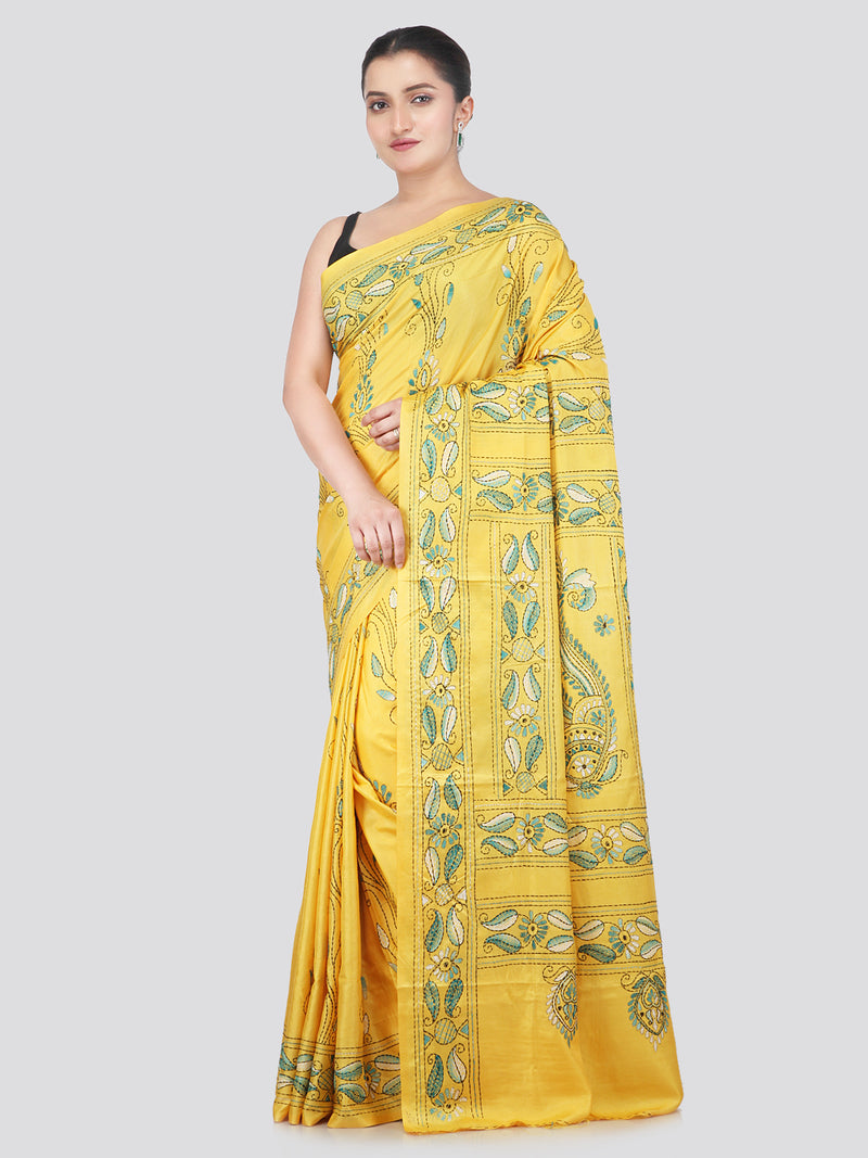 Pinkloom Yellow Handloom Silk Embroidered Katha Stitch Work Saree