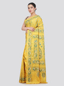 Pinkloom Yellow Handloom Silk Embroidered Katha Stitch Work Saree
