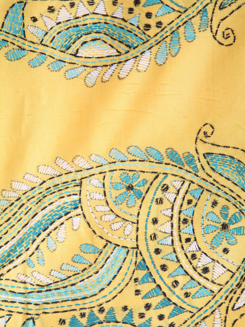 Pinkloom Yellow Handloom Silk Embroidered Katha Stitch Work Saree