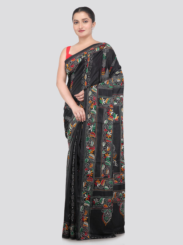 Pinkloom Black Handloom Silk Embroidered Katha Stitch Work Saree