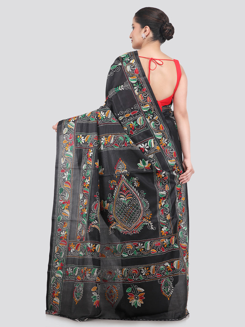 Pinkloom Black Handloom Silk Embroidered Katha Stitch Work Saree