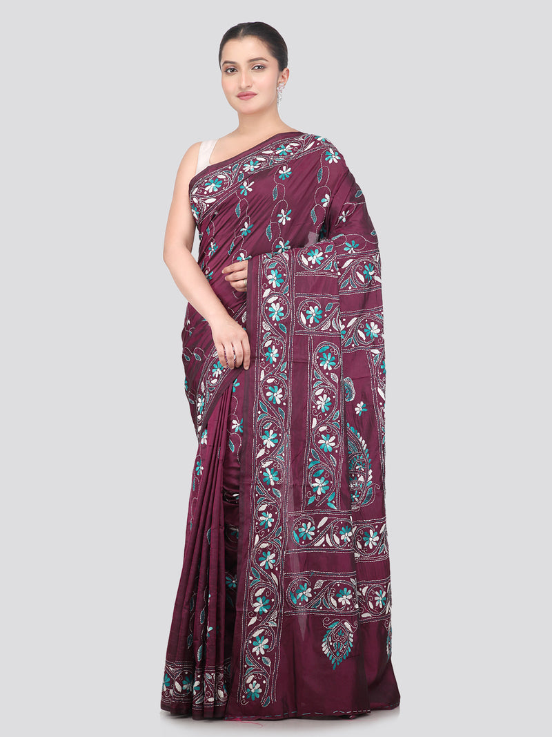 Pinkloom Wine Handloom Silk Embroidered Katha Stitch Work Saree