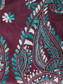 Pinkloom Wine Handloom Silk Embroidered Katha Stitch Work Saree