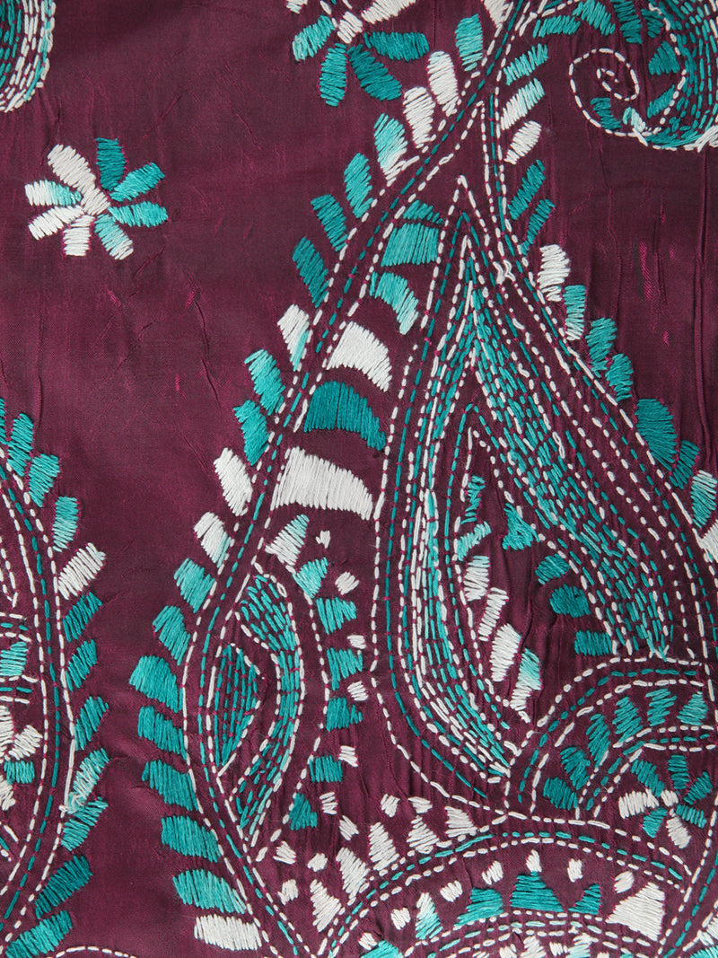 Pinkloom Wine Handloom Silk Embroidered Katha Stitch Work Saree