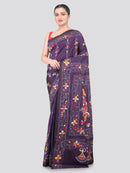 Pinkloom Purple Handloom Silk Embroidered Katha Stitch Work Saree